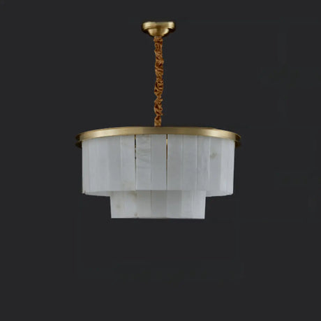 Contemporary Tiered Alabaster Gold Hanging Chandelier Image - 2