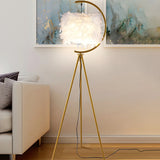 Contemporary Tripod White Feather Cylinder Floor Lamp Image - 2