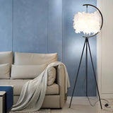 Contemporary Tripod White Feather Cylinder Floor Lamp Image - 4