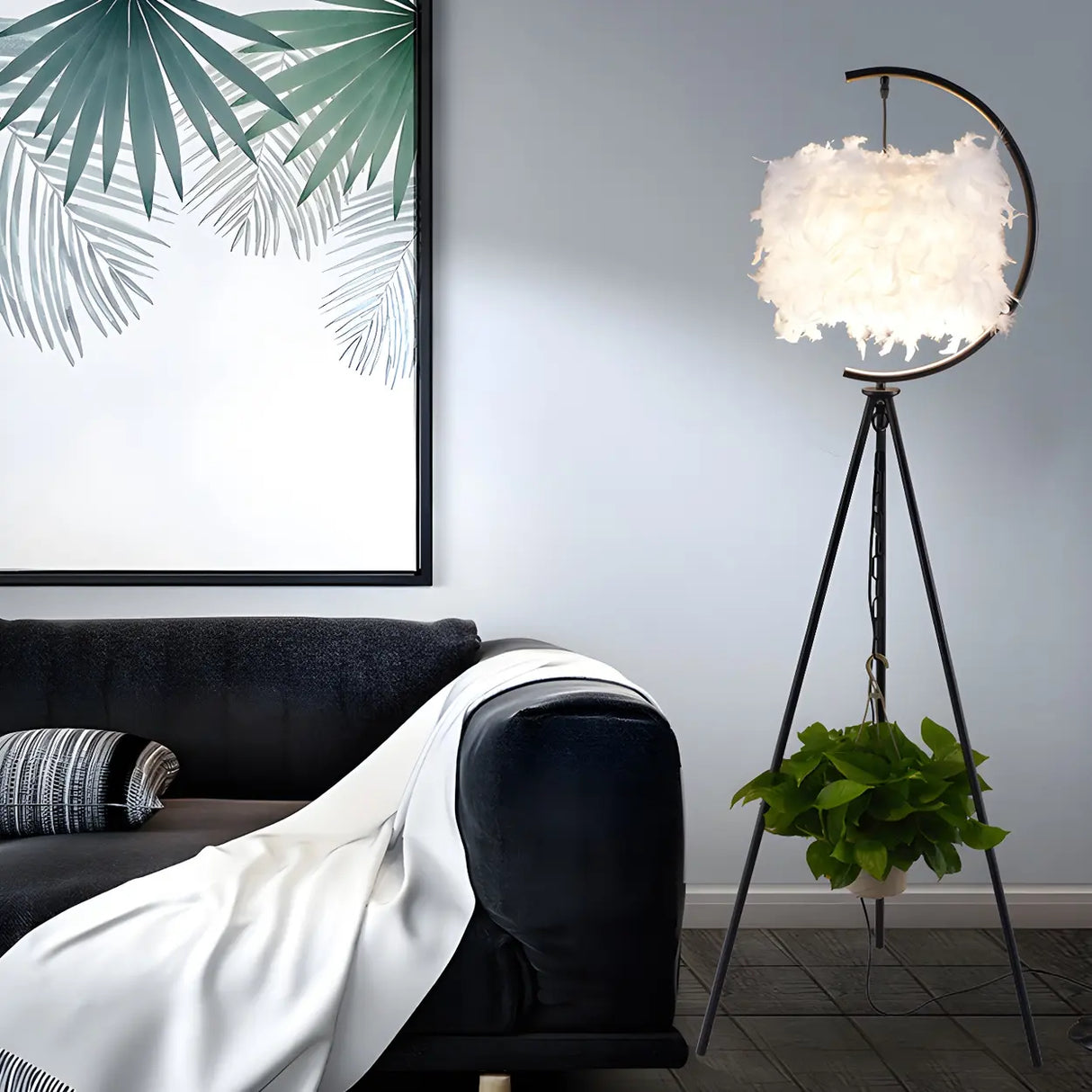 Contemporary Tripod White Feather Cylinder Floor Lamp Image - 5