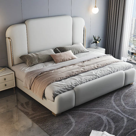 Contemporary Upholstered Beige King Platform Panel Bed Image - 2