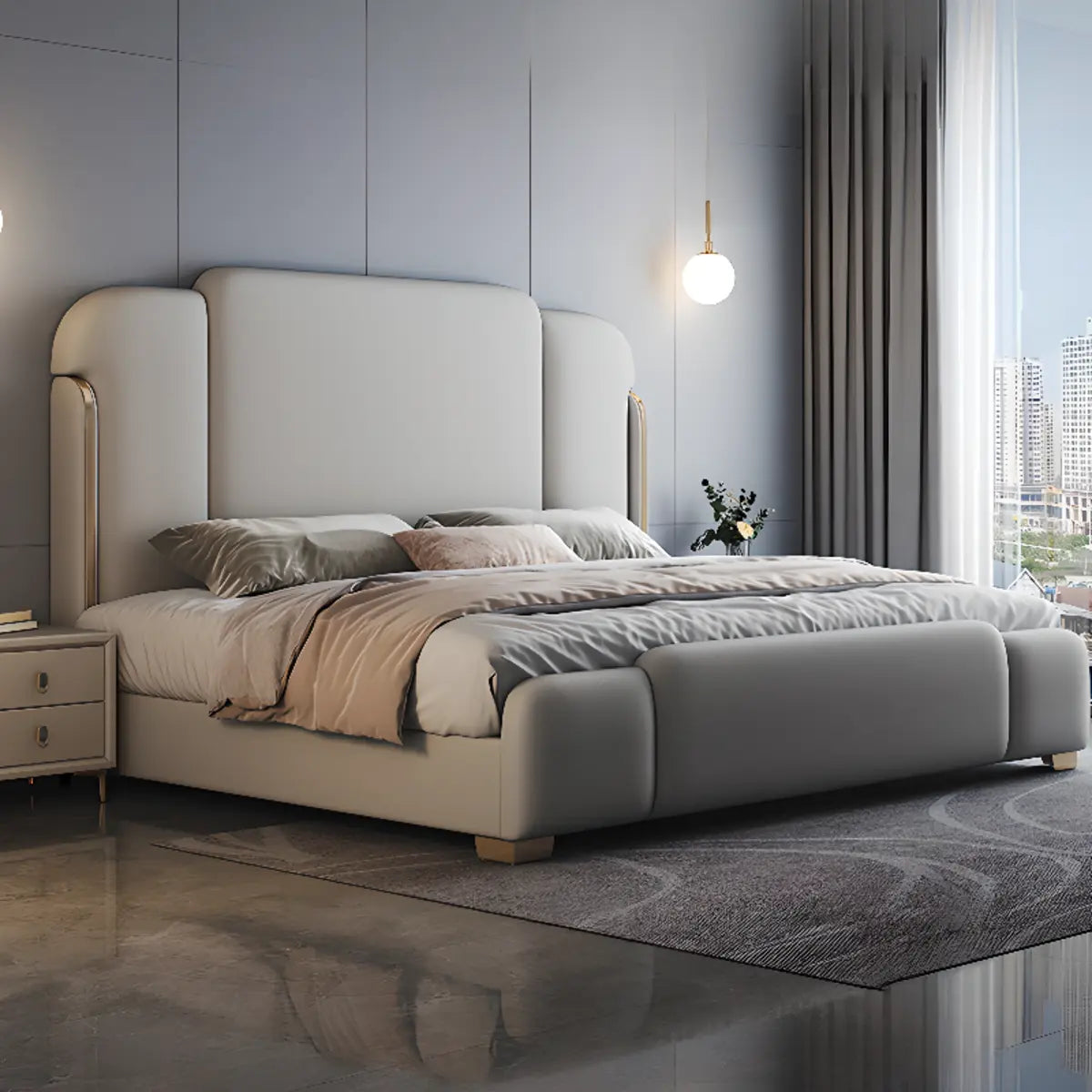 Contemporary Upholstered Beige King Platform Panel Bed Image - 3