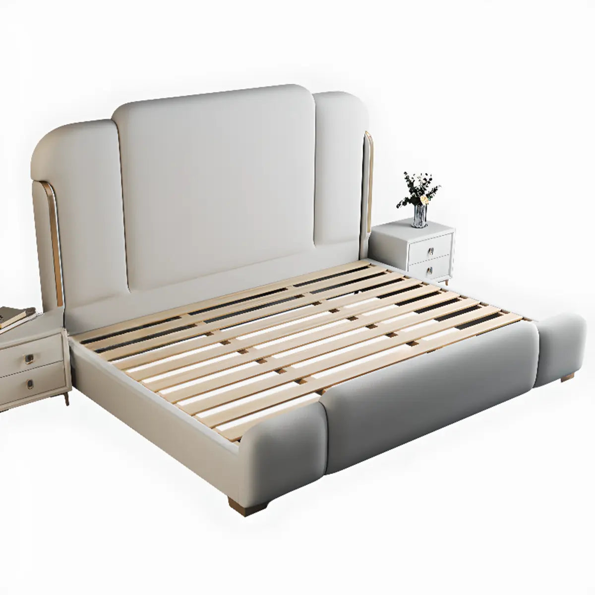 Contemporary Upholstered Beige King Platform Panel Bed Image - 5