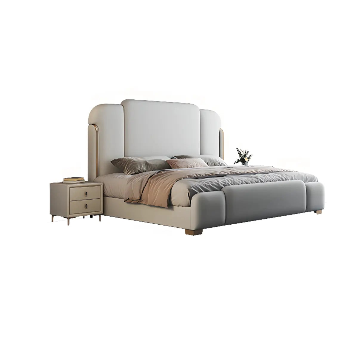 Contemporary Upholstered Beige King Platform Panel Bed Image - 8