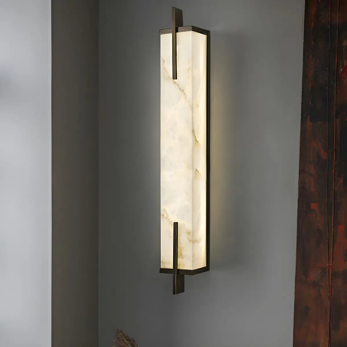 Contemporary Vertical Rectangle Metal Alabaster Wall Lamp Image - 1