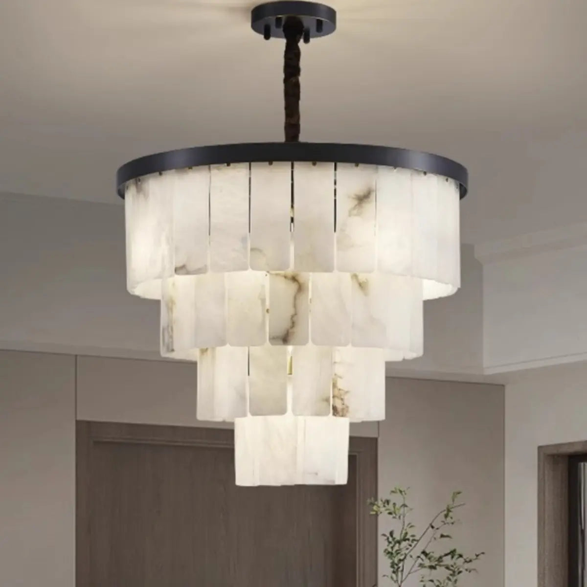 Contemporary White Alabaster Tiered Living Room Chandelier Image - 6