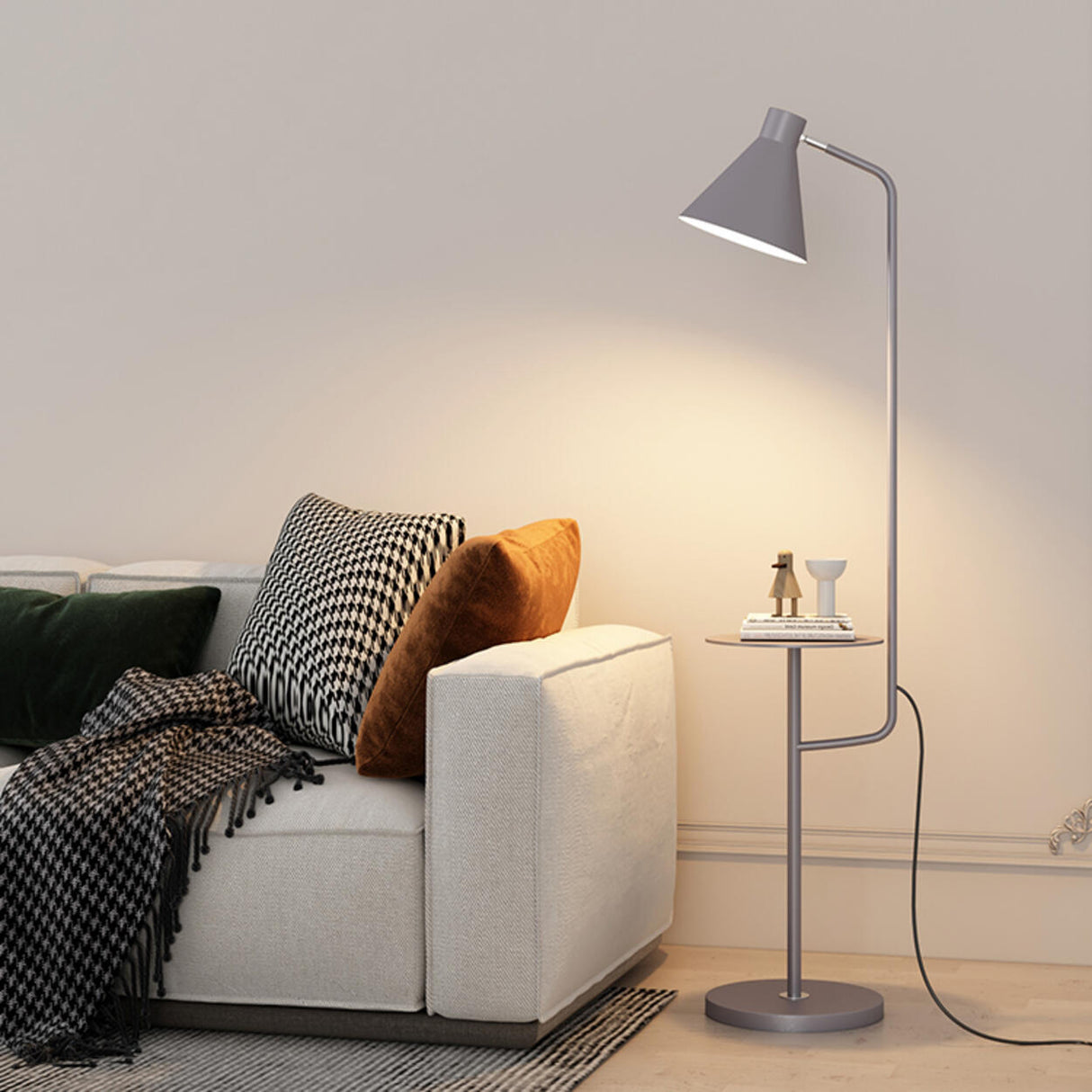 Contemporary White Cone Floor Lamp with Side Table Image - 10