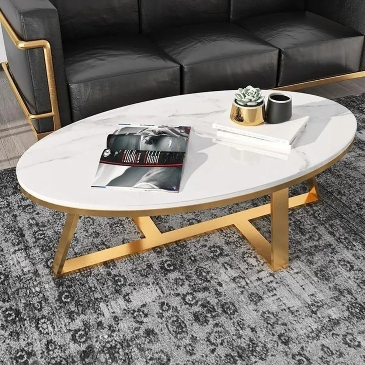 Contemporary White Gold Oval Stone Top Coffee Table Image - 2