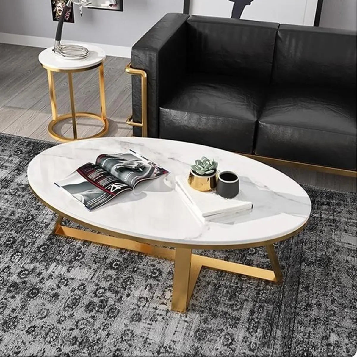 Contemporary White Gold Oval Stone Top Coffee Table Image - 5