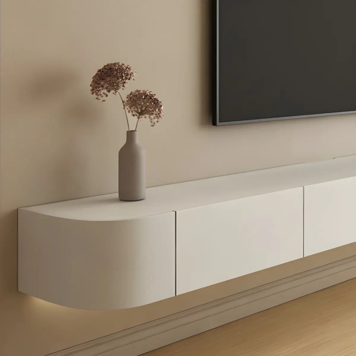 Contemporary White Wall-Mounted TV Stand with Cabinet Image - 11