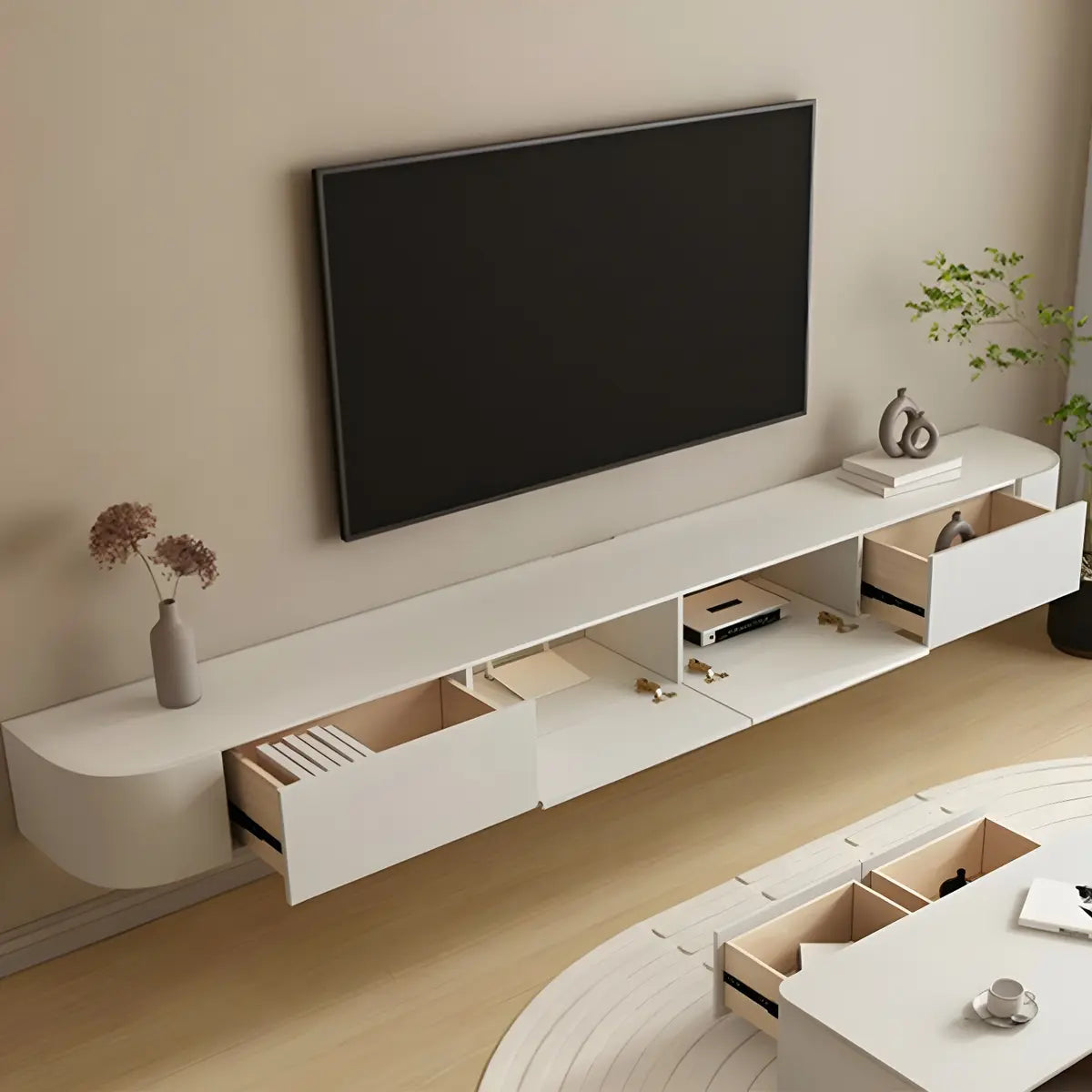 Contemporary White Wall-Mounted TV Stand with Cabinet Image - 9