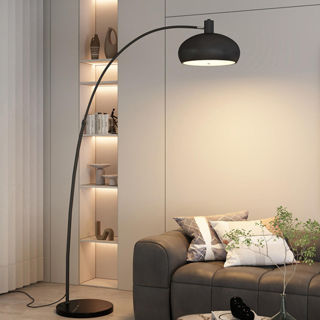 Contemporary Wide Dome Black Arched LED Floor Lamp Image - 1