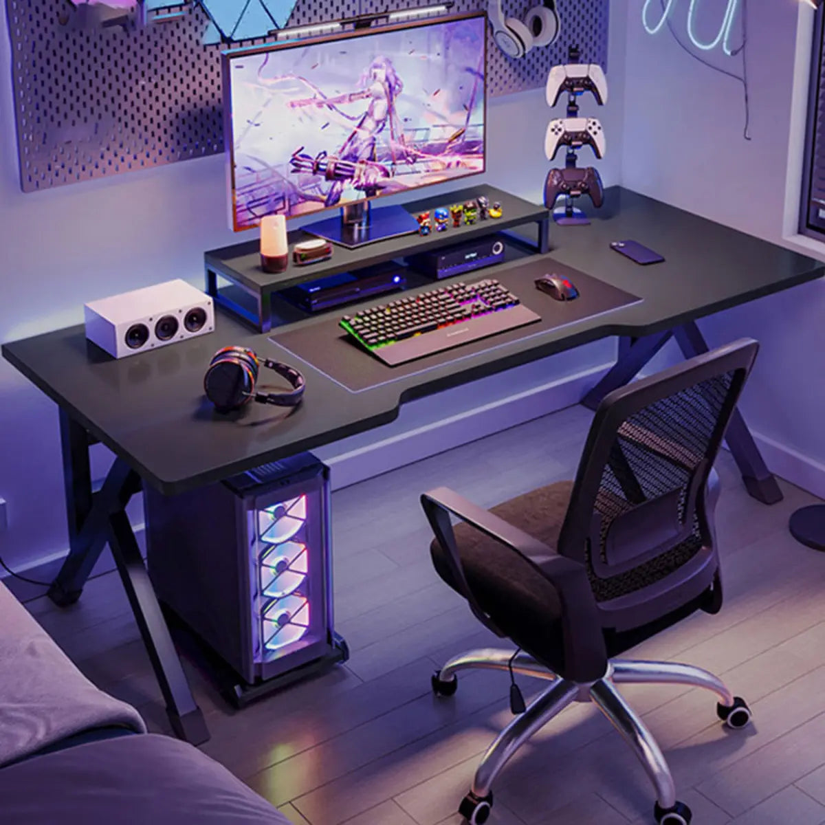 Contemporary Wood Black Trestle Curved Gaming Desk Image - 1