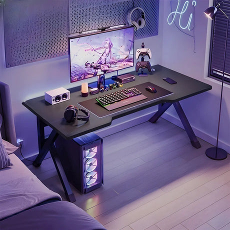 Contemporary Wood Black Trestle Curved Gaming Desk Image - 2