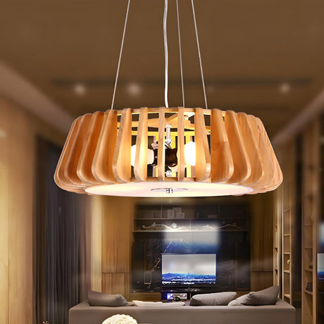 Contemporary Wood Drum Natural Slat Pendant Light Chandelier Image - 1