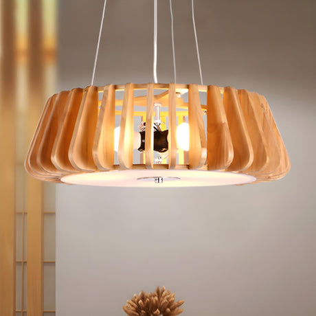 Contemporary Wood Drum Natural Slat Pendant Light Chandelier Image - 2