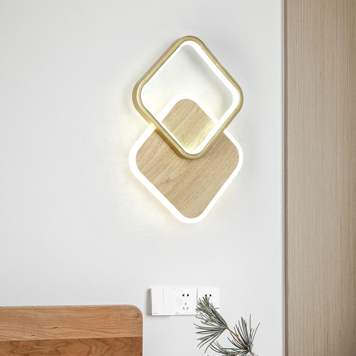 Contemporary Wood Geometric Metal LED Wall Sconce Image - 8