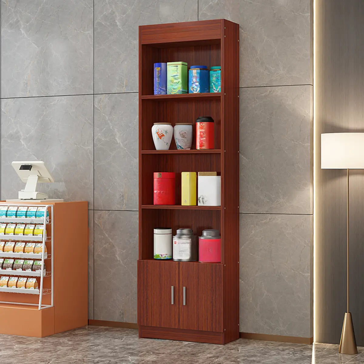 Contemporary Wooden Brown Open Storage Wine Cabinet Image - 11