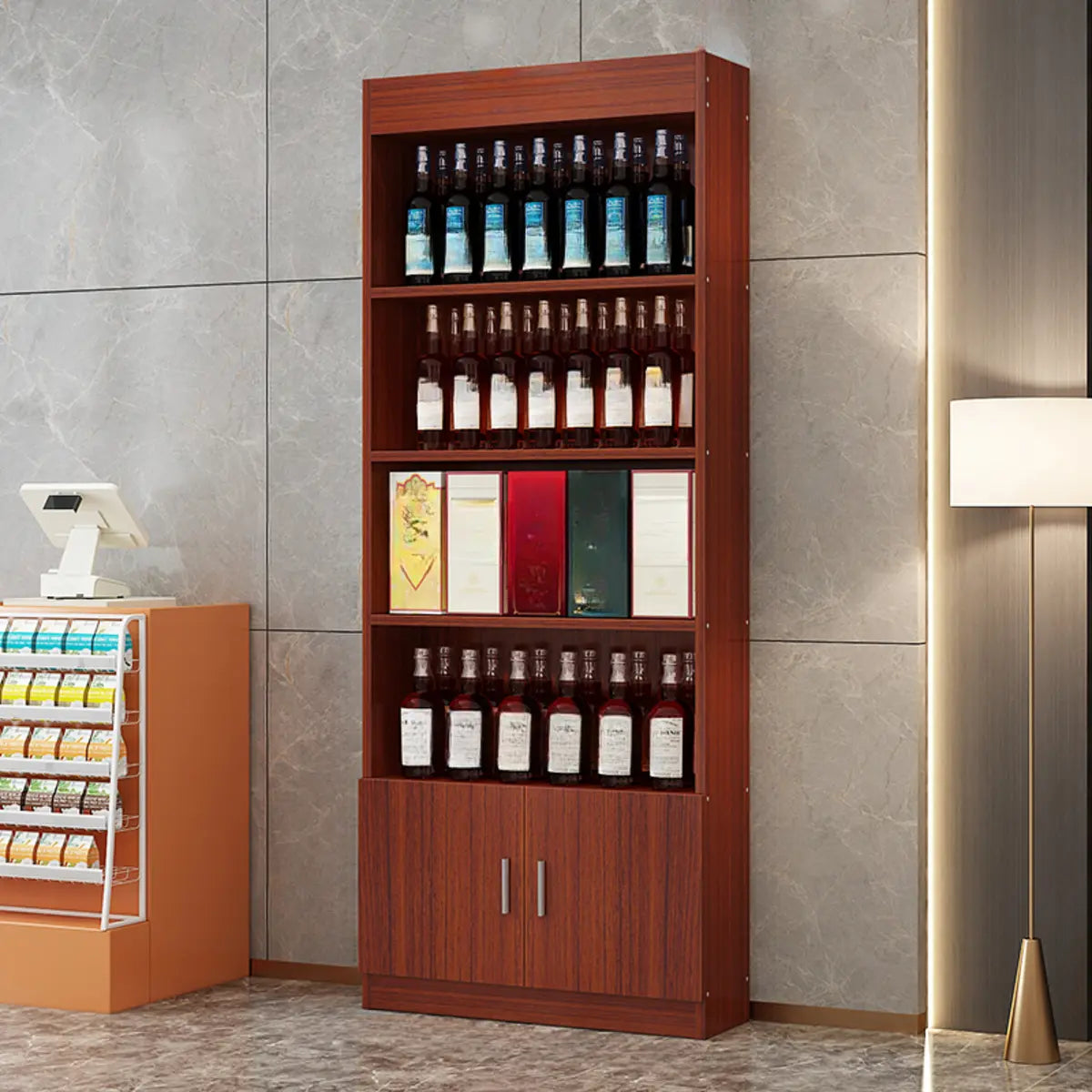 Contemporary Wooden Brown Open Storage Wine Cabinet Image - 13