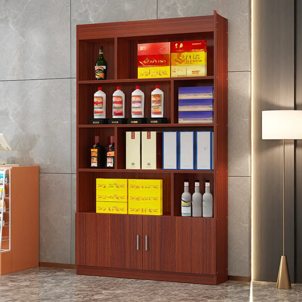 Contemporary Wooden Brown Open Storage Wine Cabinet Image - 15