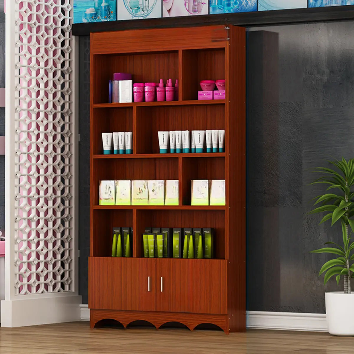 Contemporary Wooden Brown Open Storage Wine Cabinet Image - 7