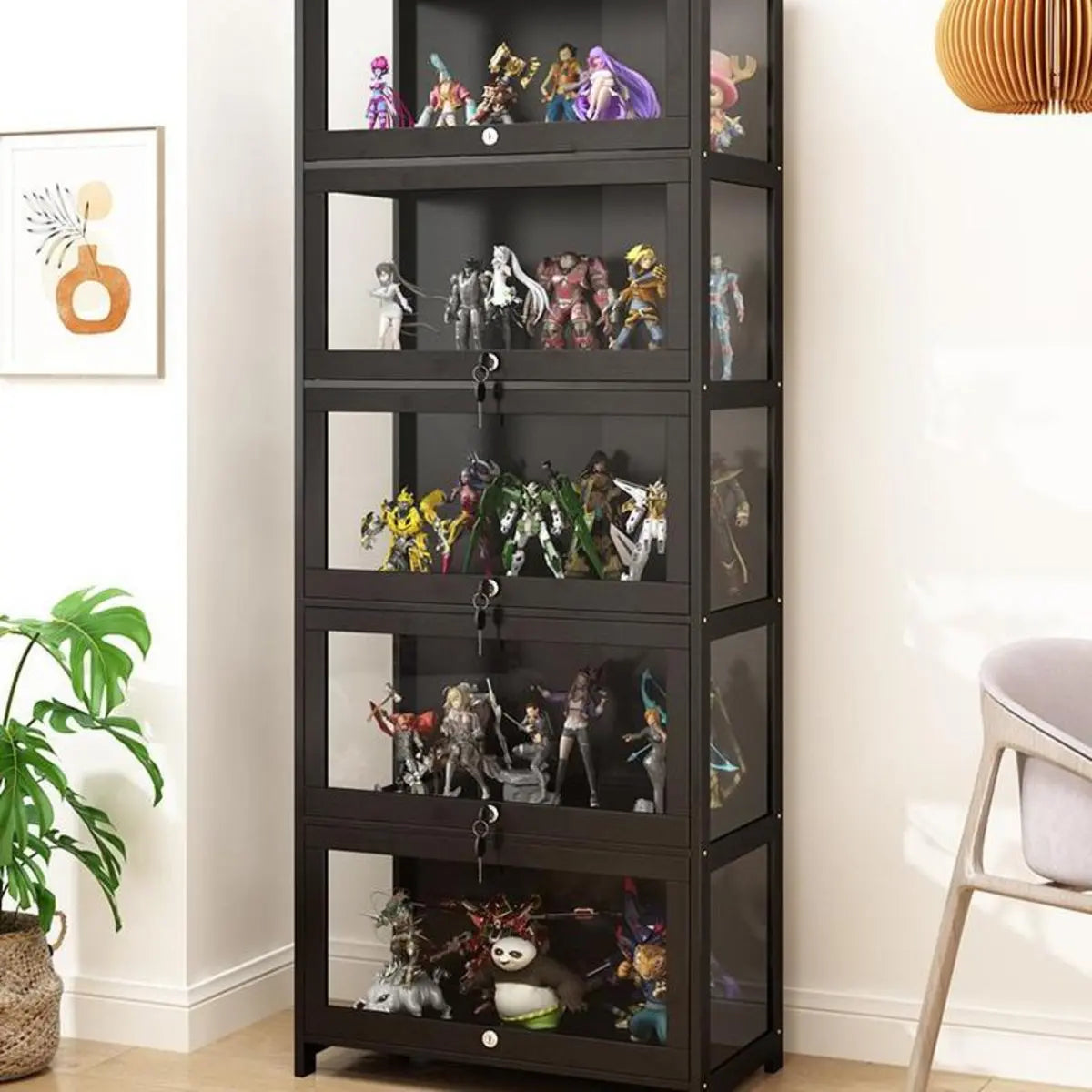 Contemporary Wooden Clear Black Figure Display Cabinet Image - 3