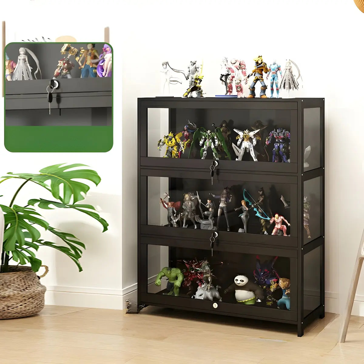 Contemporary Wooden Clear Black Figure Display Cabinet Image - 4