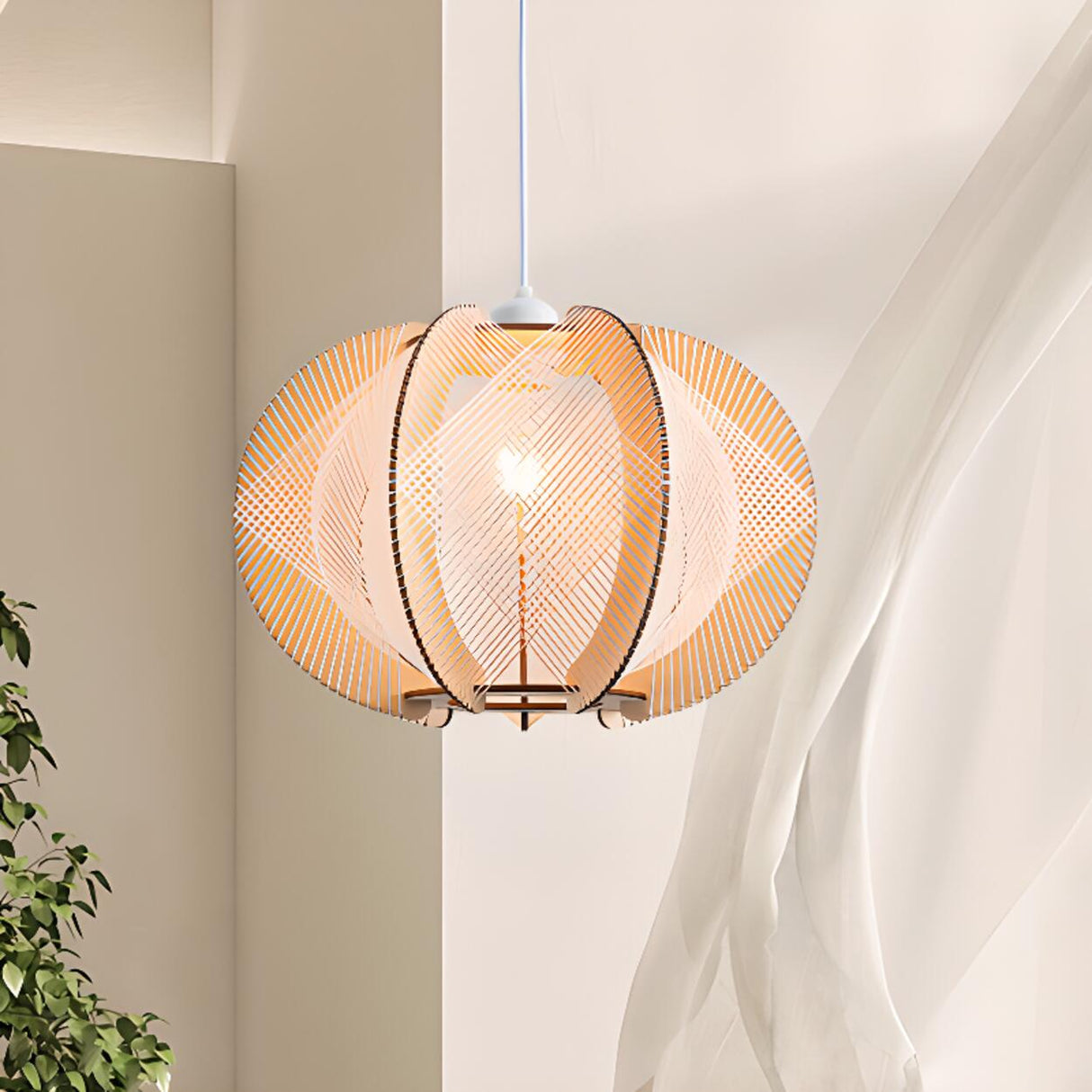 Contemporary Wooden Slatted Lantern Pendant Light Image - 2