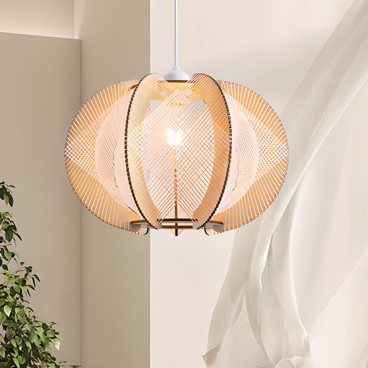 Contemporary Wooden Slatted Lantern Pendant Light Image - 5