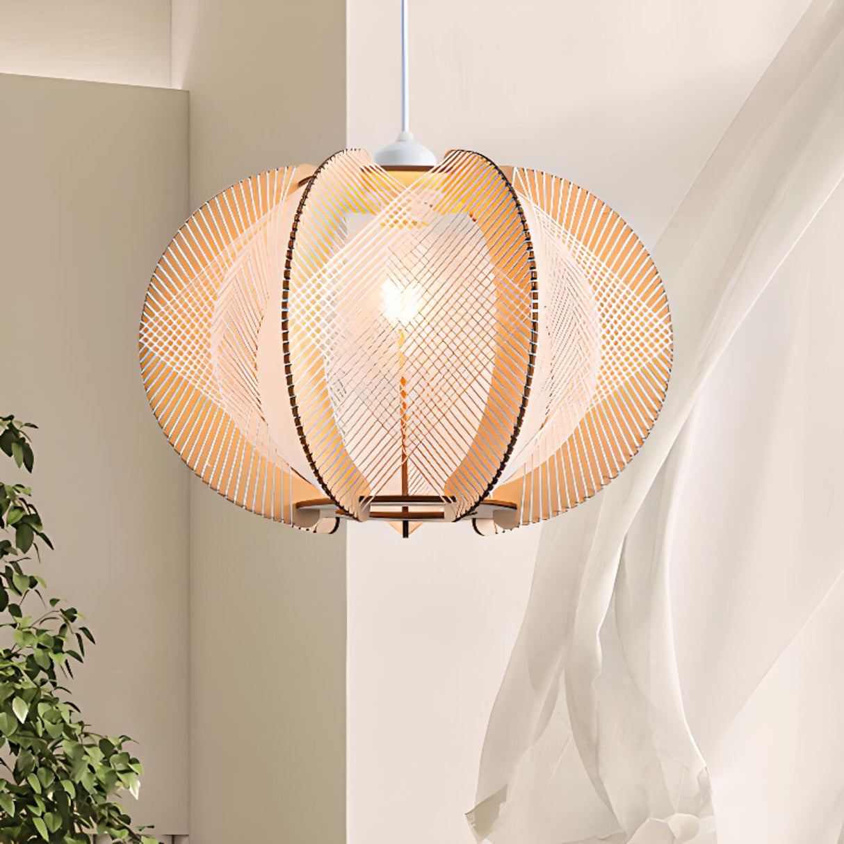 Contemporary Wooden Slatted Lantern Pendant Light Image - 7