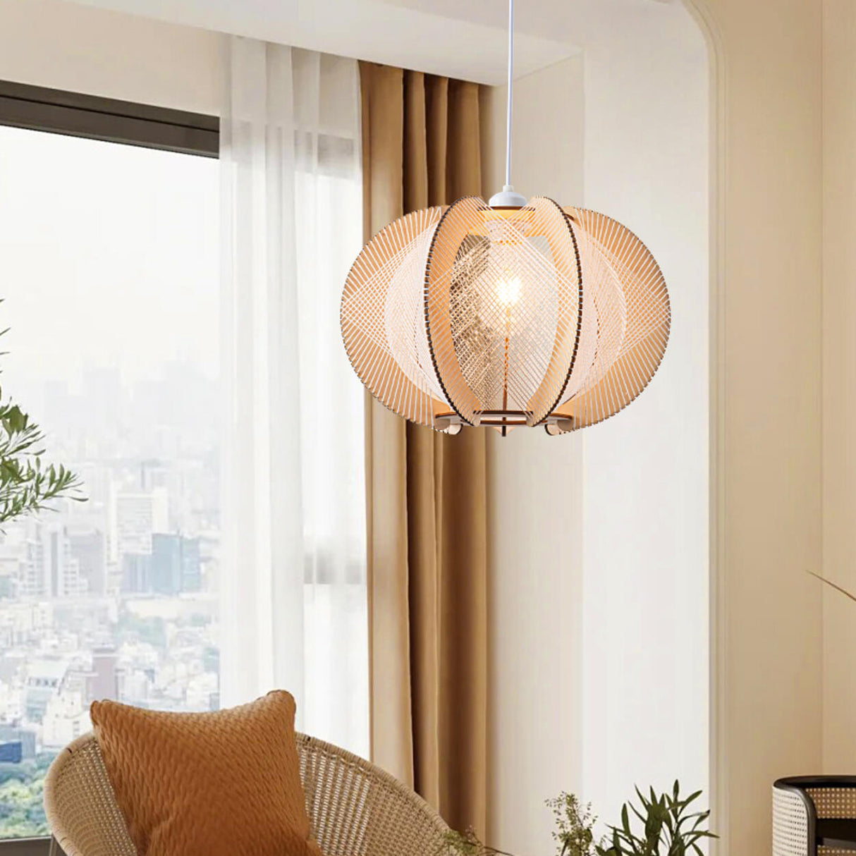 Contemporary Wooden Slatted Lantern Pendant Light Image - 8