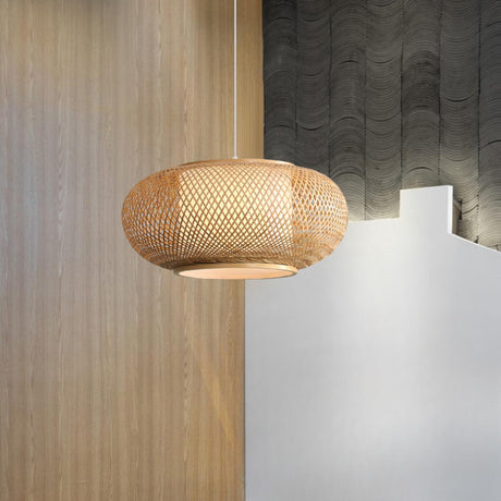 Contemporary Woven Bamboo Wood Color Drum Pendant Light Image - 1