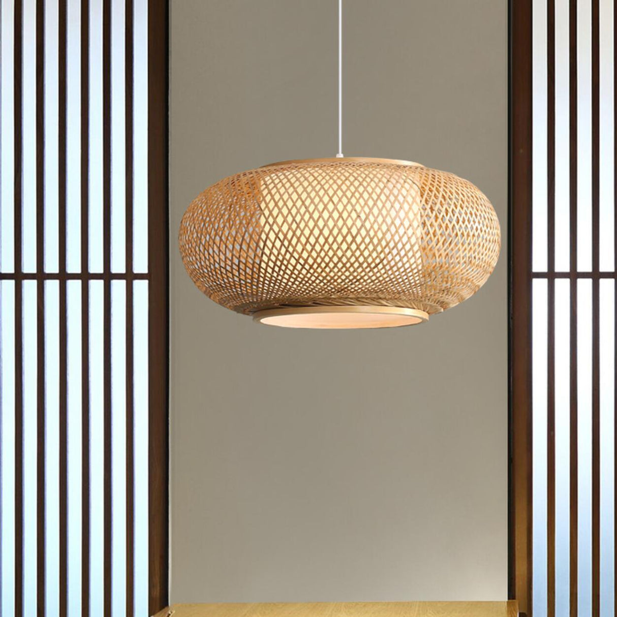 Contemporary Woven Bamboo Wood Color Drum Pendant Light Image - 4