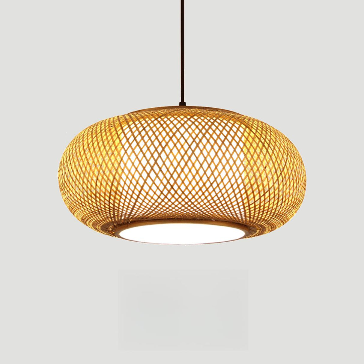 Contemporary Woven Bamboo Wood Color Drum Pendant Light Image - 5