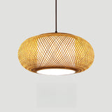 Contemporary Woven Bamboo Wood Color Drum Pendant Light Image - 5