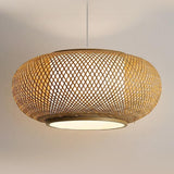 Contemporary Woven Bamboo Wood Color Drum Pendant Light Image - 6