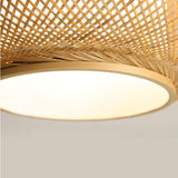 Contemporary Woven Bamboo Wood Color Drum Pendant Light Image - 9