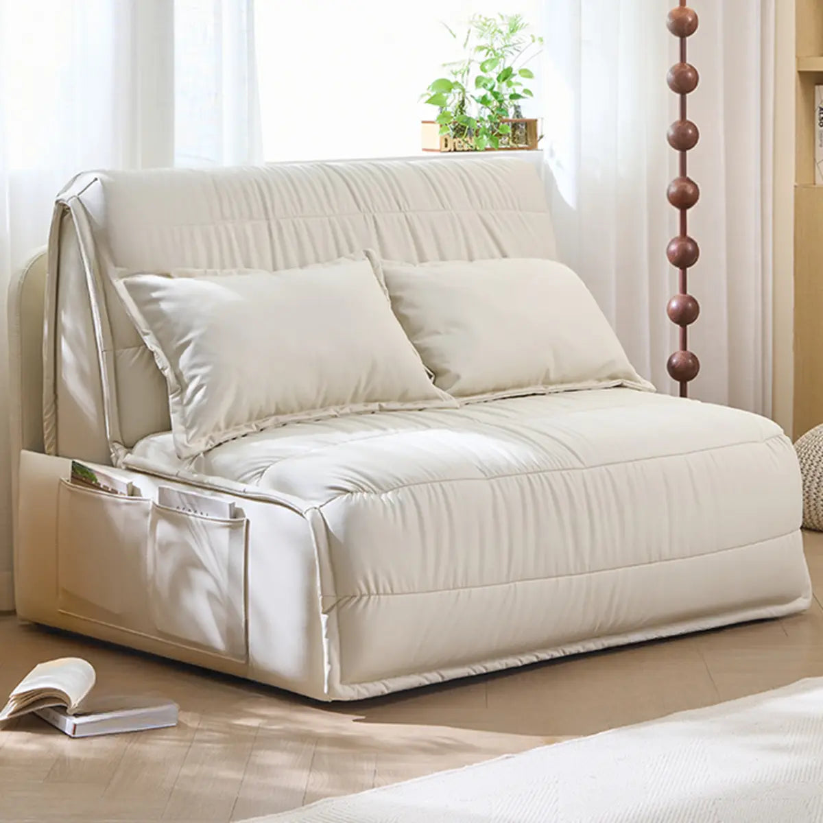 Convertible Beige Compact Leather Storage Included Futon Image - 1