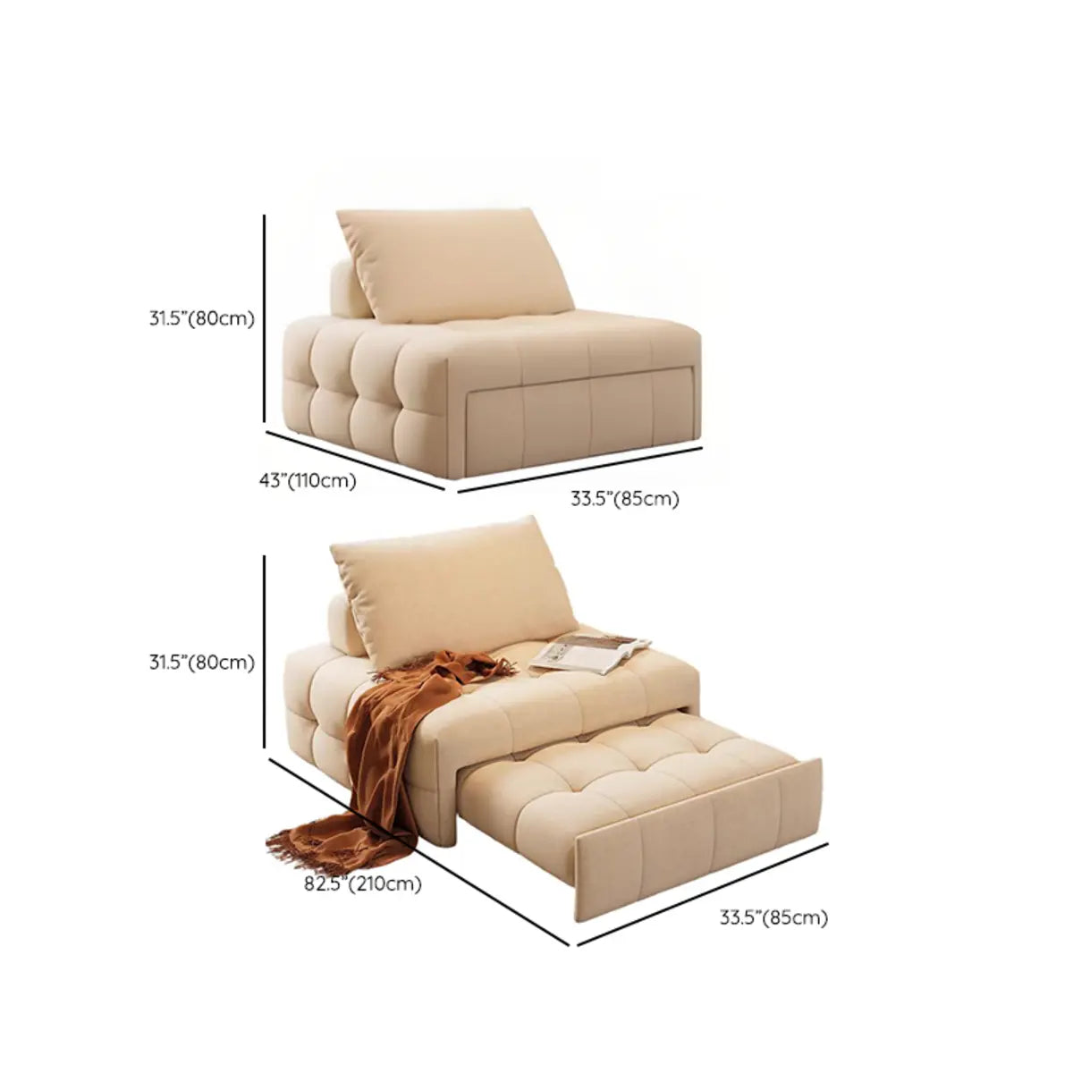 Convertible Beige Twin Armless Foldable Tufted Fabric Futon 