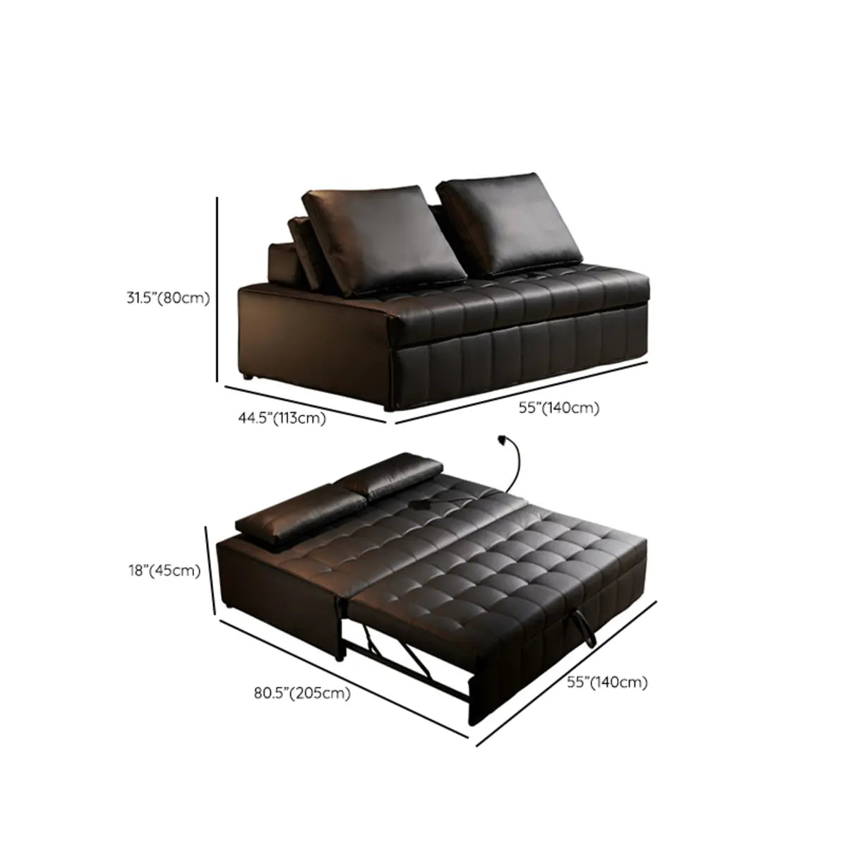 Convertible Black Queen Leather Futon Sofa Bed with Pillow 