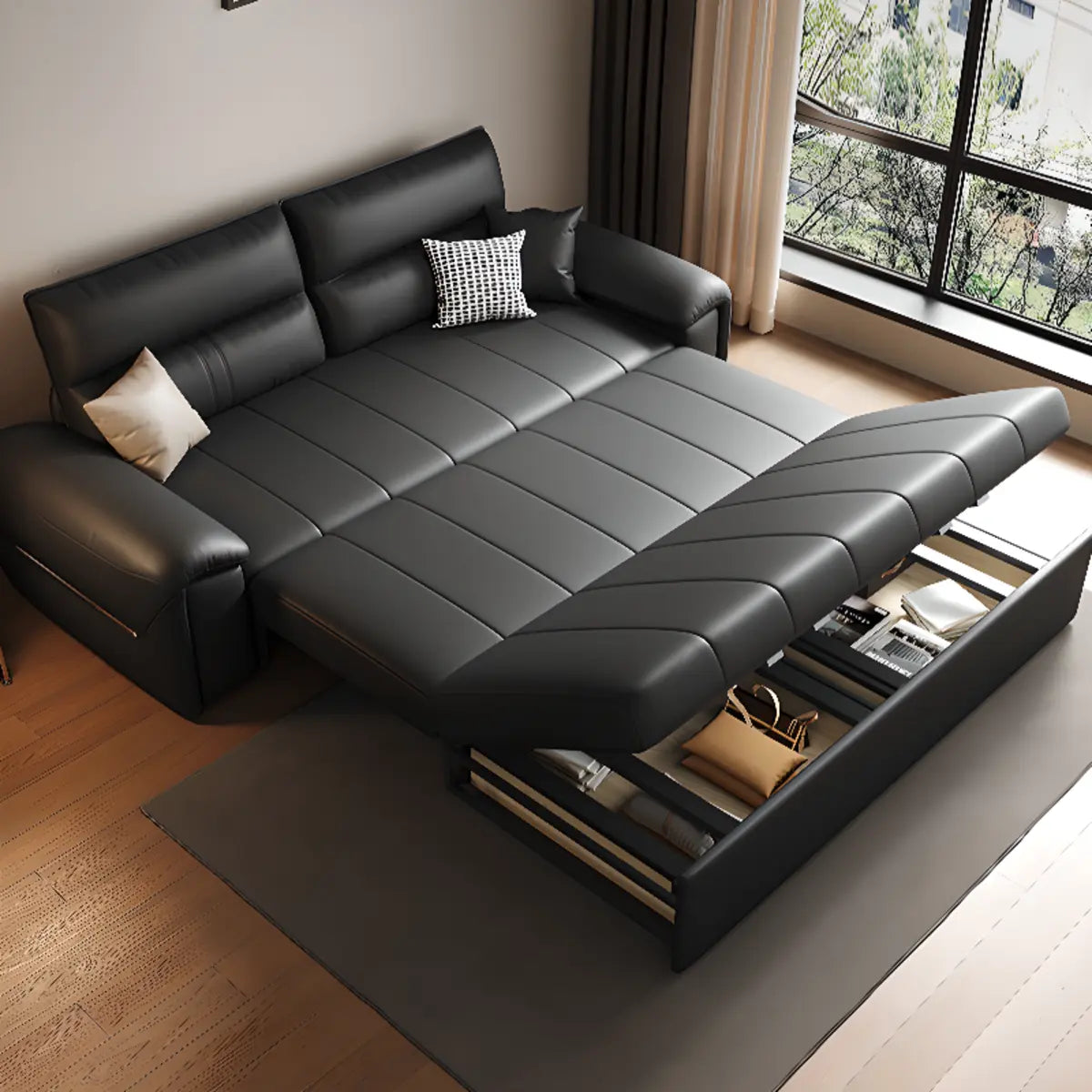 Convertible Black Sleeper Sofa Storage Futon with Arms Image - 1