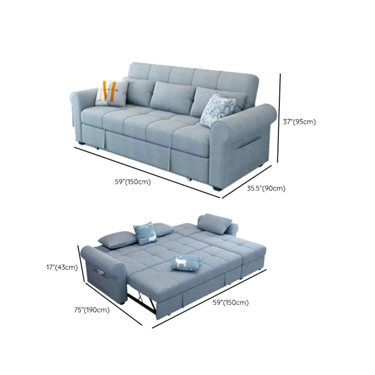 Convertible Blue Full XL Tufted Sofa Futon with Arms 