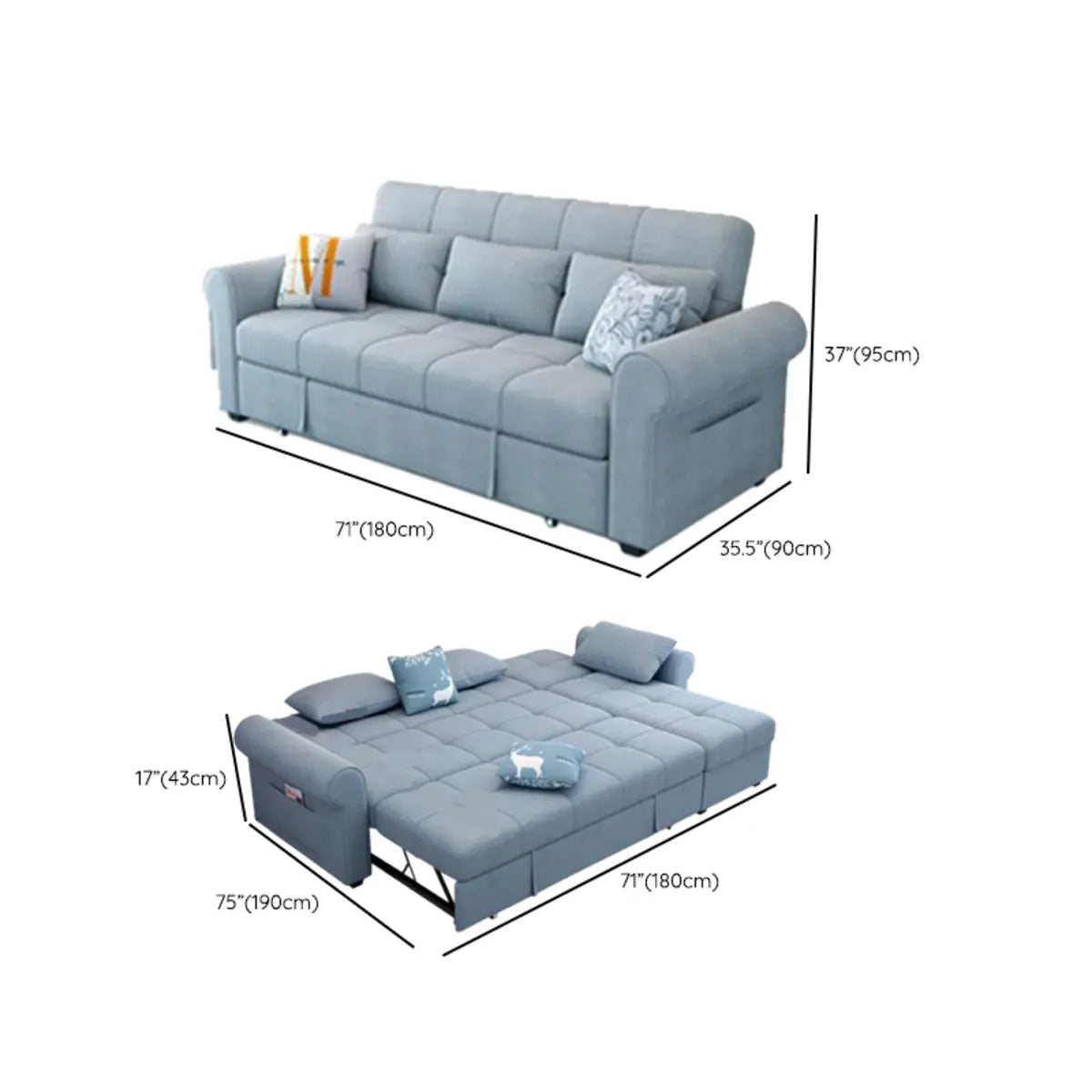 Convertible Blue Full XL Tufted Sofa Futon with Arms Image - 12