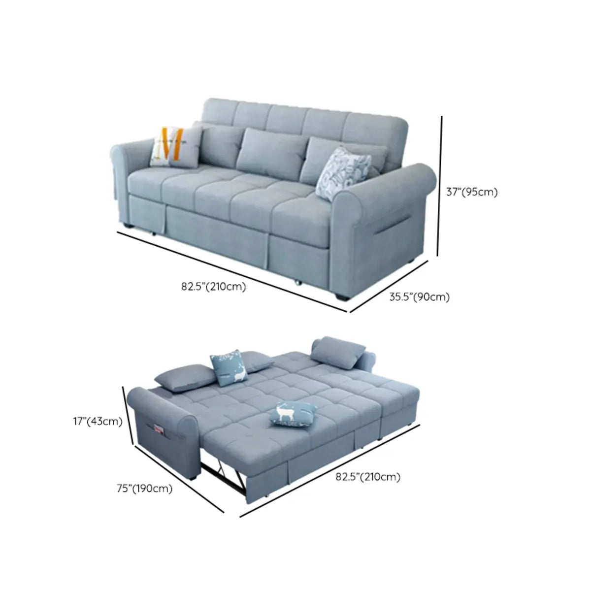 Convertible Blue Full XL Tufted Sofa Futon with Arms Image - 14