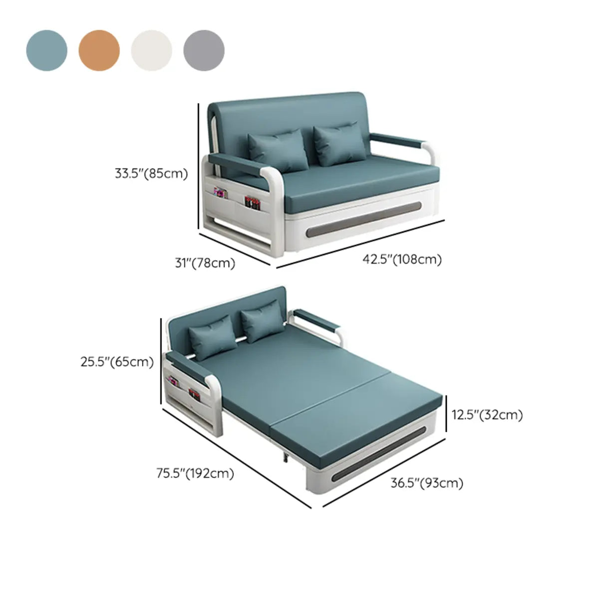 Convertible Blue Pillow Back Storage Futon Sofa with Arms Image - 15