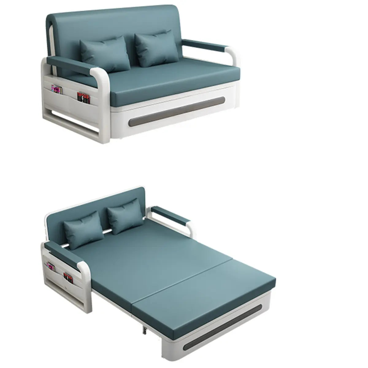 Convertible Blue Pillow Back Storage Futon Sofa with Arms Image - 2