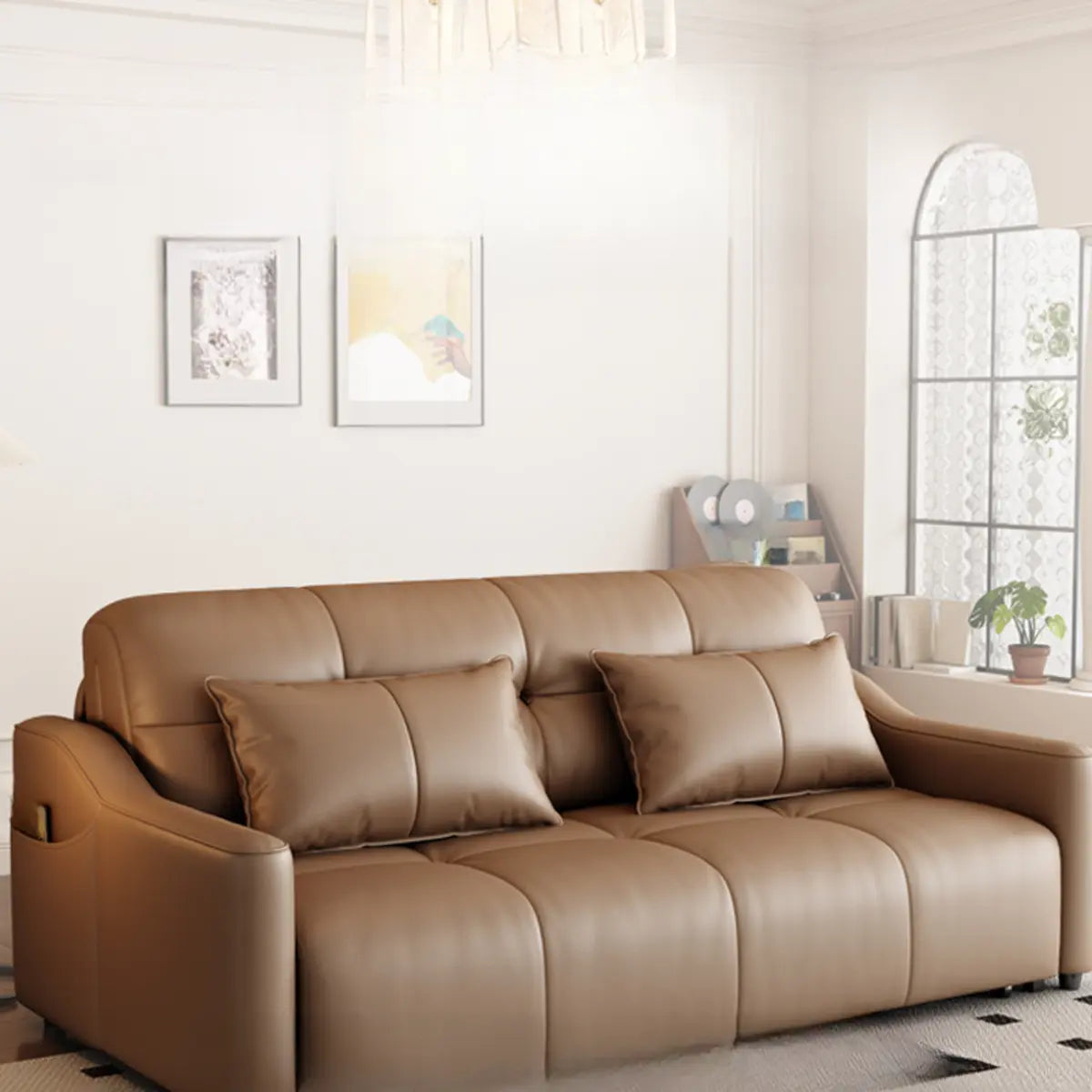 Convertible Brown Queen Faux Leather Futon Sofa Bed Image - 4