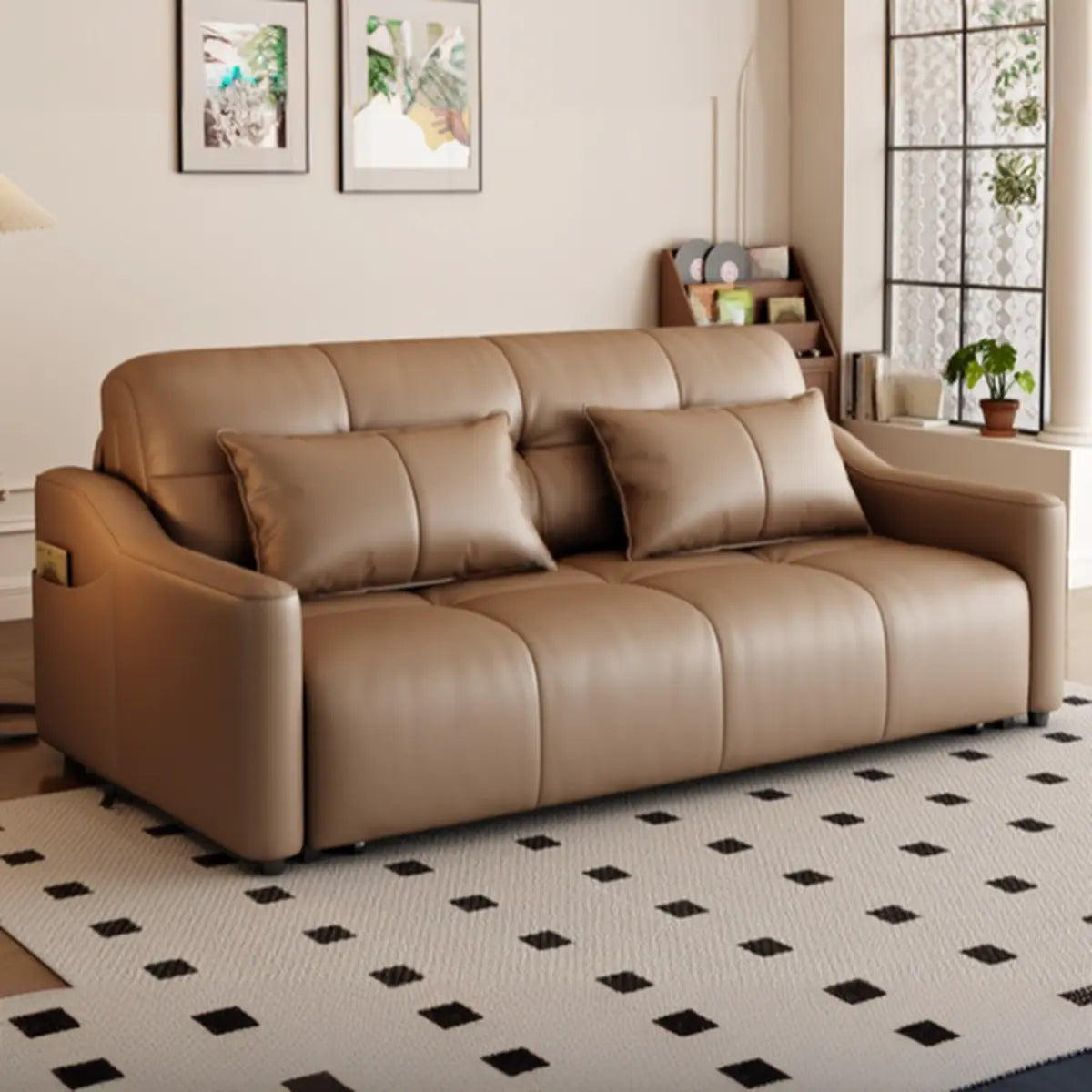 Convertible Brown Queen Faux Leather Futon Sofa Bed Image - 5