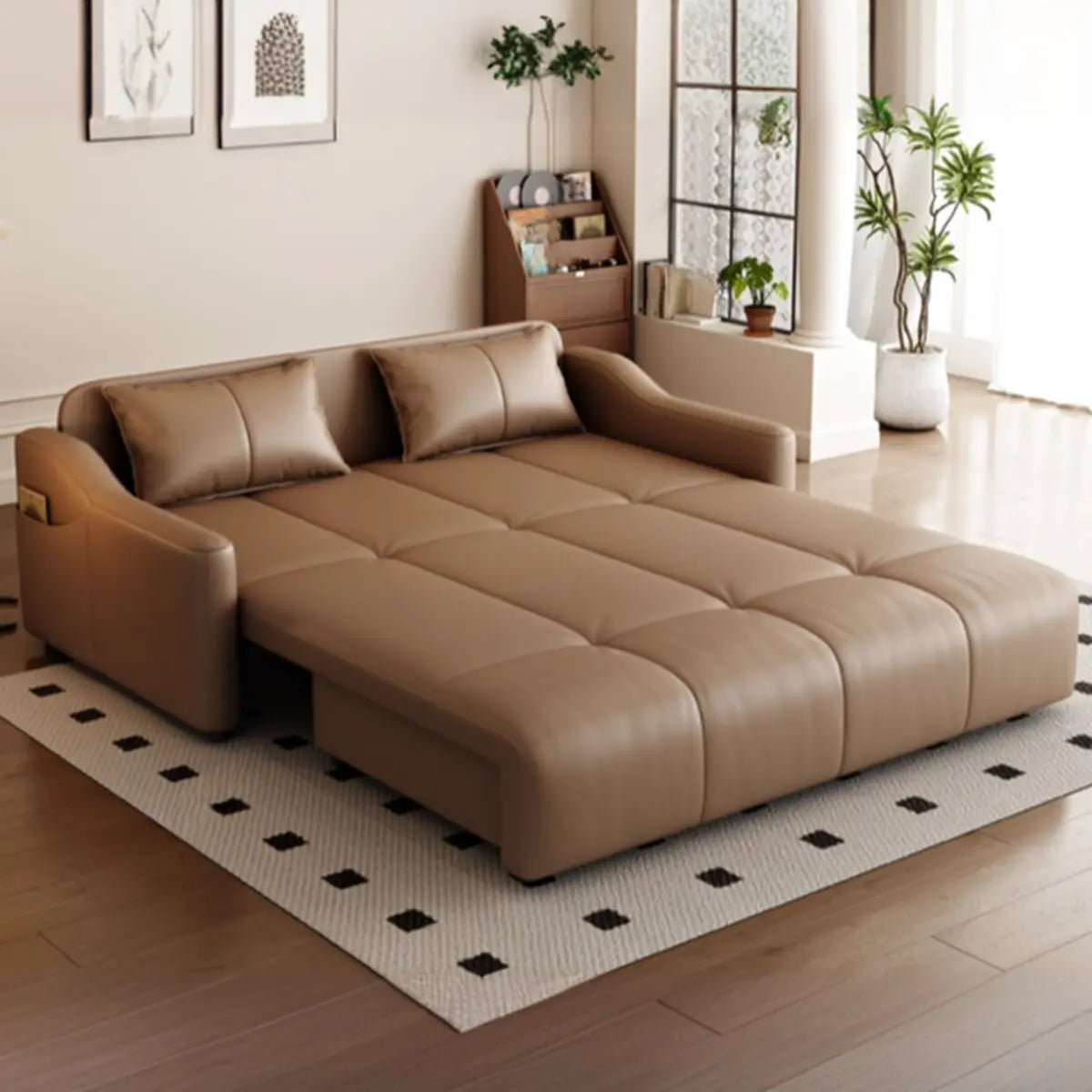 Convertible Brown Queen Faux Leather Futon Sofa Bed Image - 6