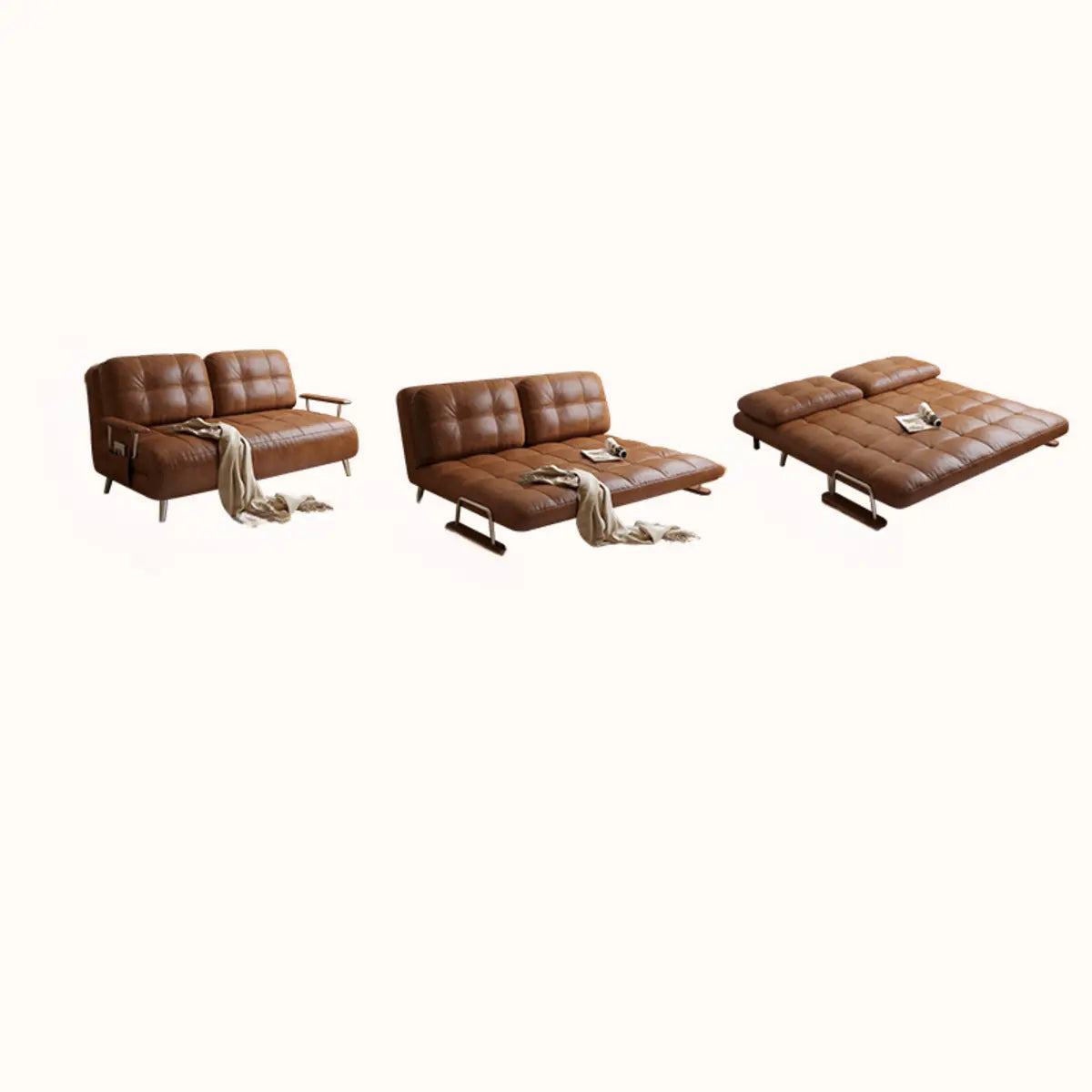 Convertible Brown Twin Tufted Leather Storage Included Futon Image - 3